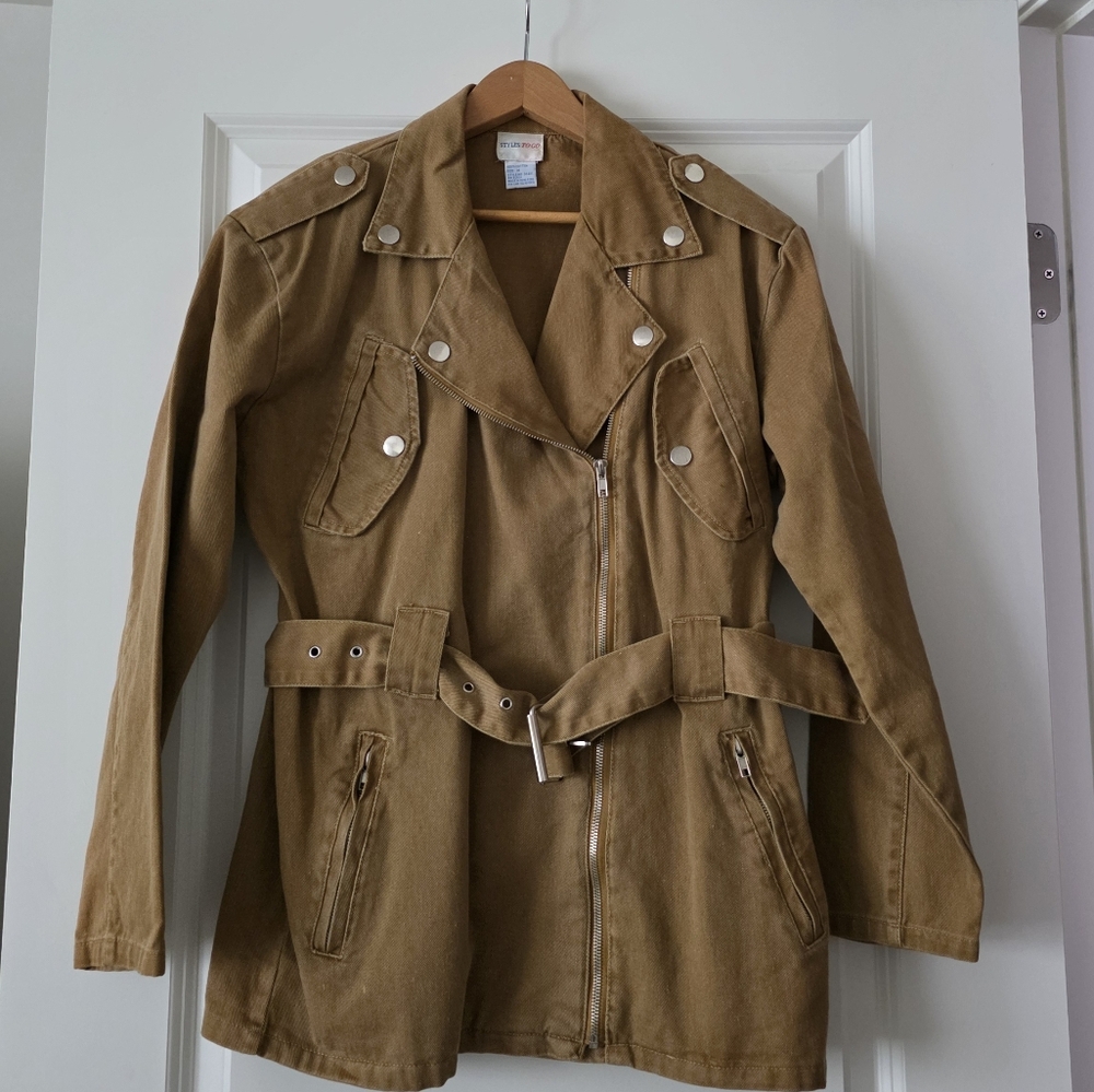 Vintags 90s Styles To Go Moto Cargo Utility Jacket With Belt Womens Tan Cotton - Picture 3 of 9